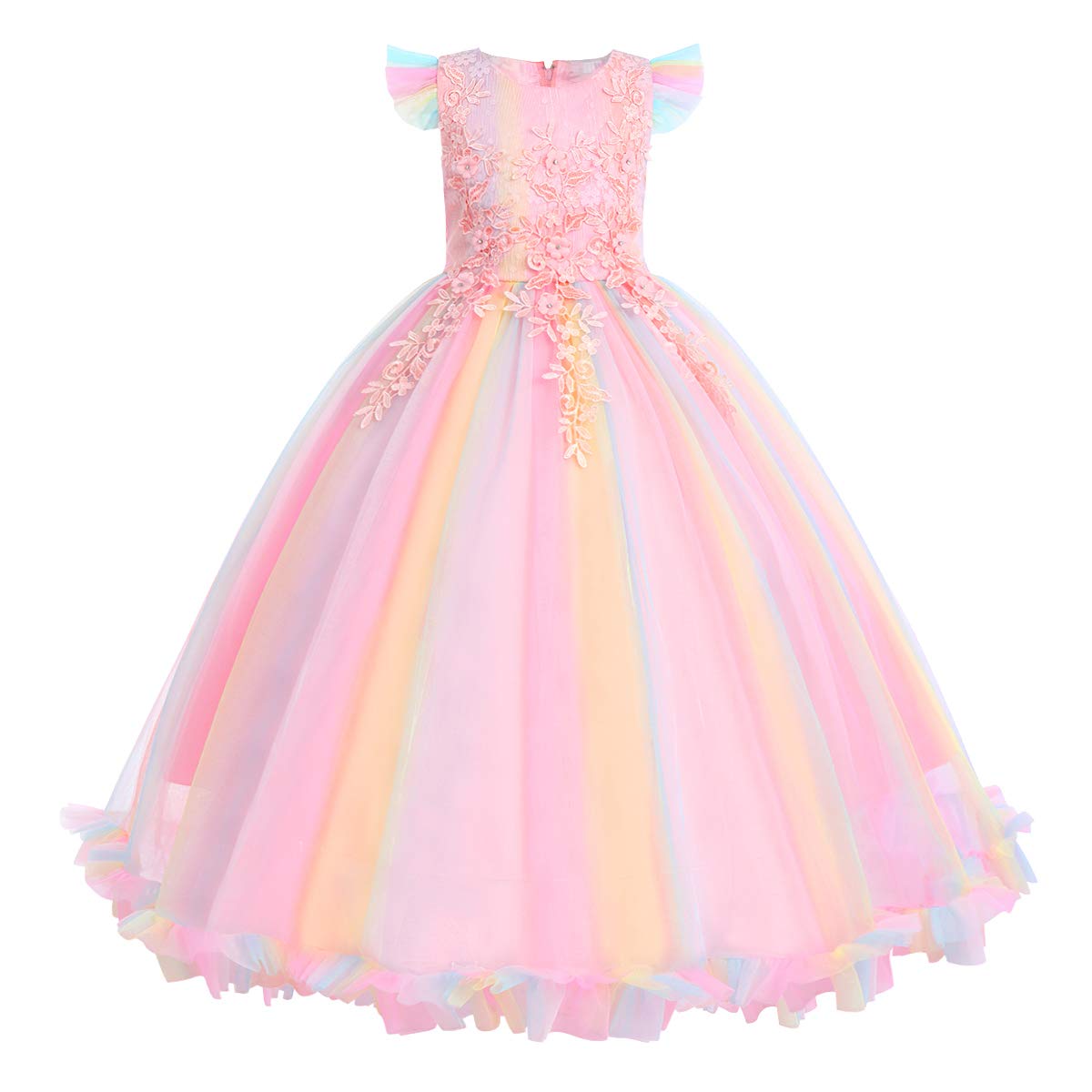 Photo 1 of Little Big Girls Rainbow Pageant Princess Party Tulle Dress Kids Floral First Communion Wedding Birthday Christmas Carnival Long Maxi Ball Gown Rainbow 5-6X