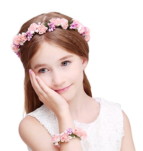 DDazzling Girls Flower Berries Crown Headband Floral Crown with Floral Wrist Band for Wedding Festivals (Pink)