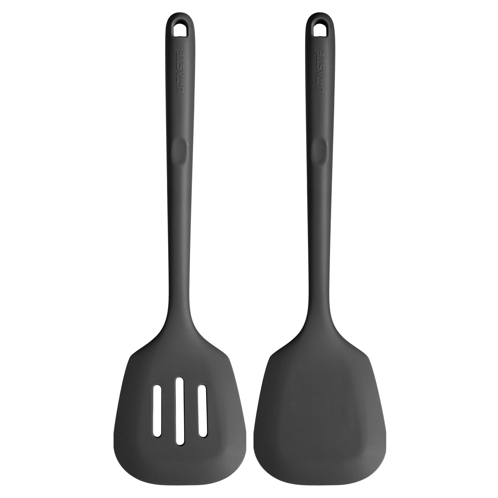 U-Taste 34.5 cm Extra Long Silicone Turners, 315℃ Heat Resistant Solid & Slotted Kitchen Spatula, Non Stick Flexible Rubber Cooking Flipper for Frying, Flipping Eggs, Fish, Pancake (Black, 2pcs)