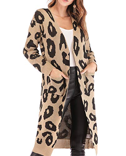 Blugibedramsh Womens Open Front Sweaters, Long Sleeves Knitting Cardigan Warm Sweater Outwear Coats with Pocket Khaki (M)