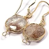Genuine Natural Gemstone Wire Wrap Dangle Drop Earrings Gold Plated 925 Sterling Silver Hook/Brown Rutile Quartz Square