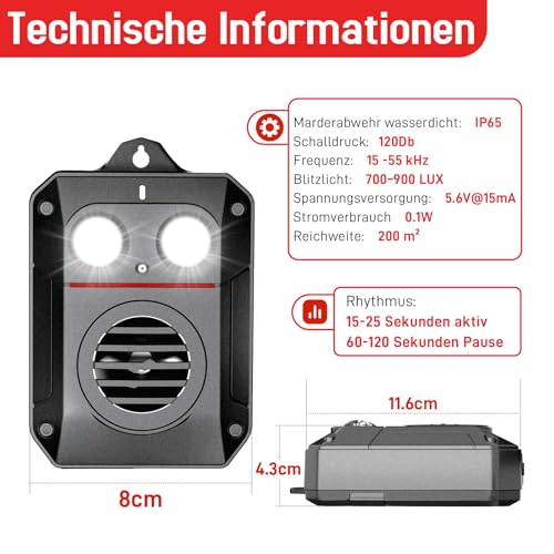 MEKEET Marten Repellent, Marten Repellent Attic, Marten Repellent, Marten Deterrent, Car, Ultrasonic Mouse Repellent with Flash Light, Marten Deterrent, Garden, Marten Rat, Battery Operated for Cars