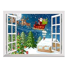 Cartoon Santa Claus and Reindeer Flying Over The Rooftop on Christmas Eve Night | Peel and Stick Wall Mural - 24"x32"