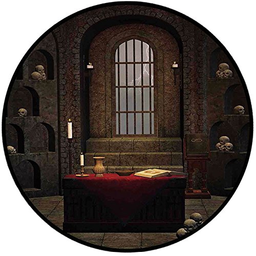Printing Round Rug,Gothic,Fantasy Theme Spell Casting Warlock Witch Skulls on Shelves Candles Spooky Scenery Mat Non-Slip Soft Entrance Mat Door Floor Rug Area Rug For Chair Living Room,Red Brown