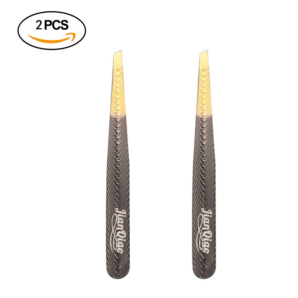 Gold Slant Tip Tweezers Set, Stainless Steel Slant Tweezers For Eyebrow Anti Static and Hair Remover Tool For Men and Women (Pack-2)