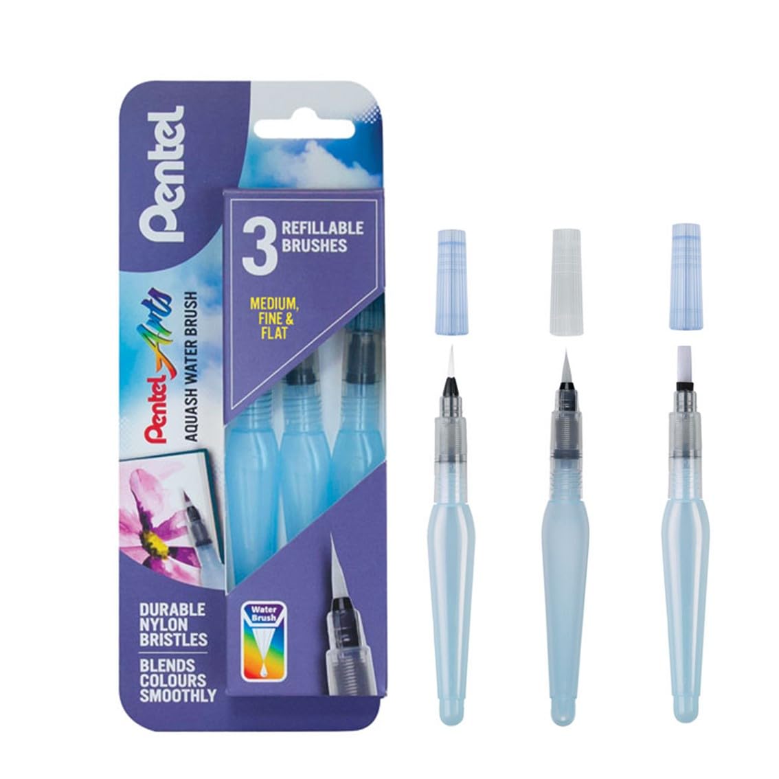 Pentel Fine/Medium Aquash Water Brush (Pack of 3), XFRH/3-FMMHBR