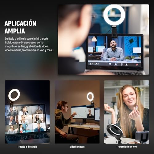 BÁSICO 5" Aro Luz con Mini Trípode Luz Videoconferencias Escritorio, Clip on Streaming Kit para Monitor Webcam Computadora Portátil Maquillaje Selfies Grabación Video, Paño de Limpieza, BR60
