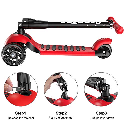 Banne Scooter Height Adjustable Lean to Steer Flashing PU Wheels 3 Wheel Kick Scooters for Kids Boys Girls (Red)