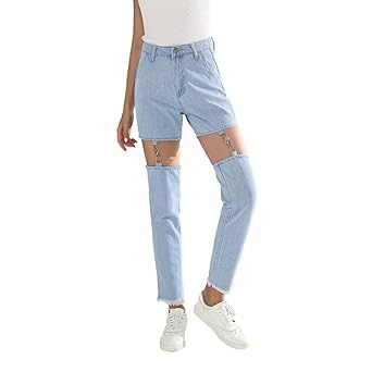 Modely Mode lässig Baumwolle hohe Taille weibliche Damen Denim Frauen Hosen Jeans Boyfriend Jeanshose Zerrissen Röhre Loch De