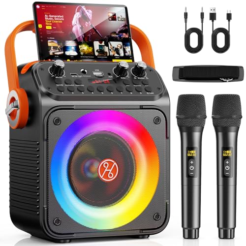HWWR Karaoke Anlage mit 2 Mikrofonen, Bluetooth Lautsprecher mit 6,5 Zoll Subwoofer, RGB-Lichteffekten, Tragbare Karaoke Box für Erwachsene & Kinder, Familienfe