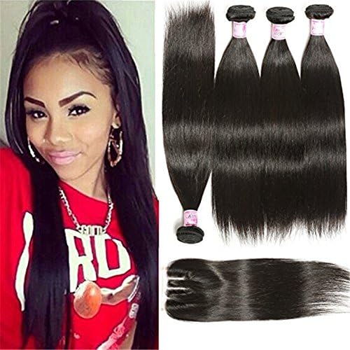 Lanova Beauty 4Bundles+1Closure Malaysian Straight Human Hair Weave Wholesale Remy Hair Extensions 4Pcs12"14"16"18"and 1Pc Remy Hair Closur(4*4)12"