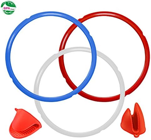 Silicone Sealing Ring for Instant Pot Accessories 8 Quart Sweet and Savoury Edition Seal Lasting &amp; BPA-free Pack of 3 with 1 pair of Silicone Oven Mitts Free ( Blue,Red,Clear)