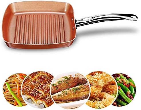 Frying Fry Skillet Grill Pan Copper Square Ceramic Coating Nonstick 9.5 Inch Bottom Oven Safe Dishwasher Safe Aluminum Chef Cookware Fry Pan Omelet Pans Chefs Pans Stir Fry Pans (1 Pack #1)