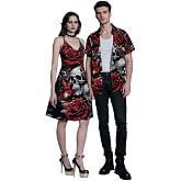 DRESSFO Couple Matching Hawaiian Halloween Outfits Gothic Skull Rose Print Vampire Dress or Roll Up Sleeve Shirts Outfit