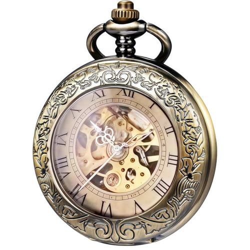 Kchss Mechanical Pocket Watch, for Men Women Special Magnifier Half Hunter Engraved Case Roman Numerals with Chain