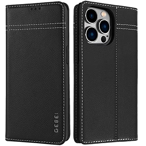 Gebei Hülle Echt Leder für iPhone 13 Pro Max (6,7") - Premium Echte Lederhülle mit Standfunktion Kartenfach Magnetverschluss Flip Case Ledertasche Han