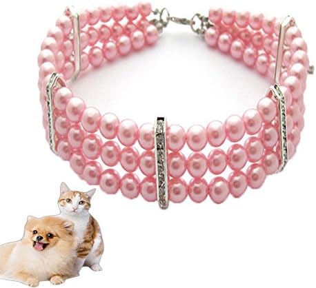 PetEnjoy Cat Dog Collar Necklace Pearl Pet 3 Rows Pink Necklace Jewelry with Bling Rhinestones for Small Dogs Cats Puppy, M