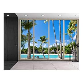 Wall26 - Large Wall Mural - Tropical Palm Trees Seen Through Sliding Glass Doors | 3D Visual Effect Self-Adhesive Vinyl Wallpaper/Removable Modern Decorating Wall Art - 66"x96"