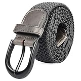 Braided Stretch Elastic Belt with Pin Oval Solid Black Buckle Leather Loop End Tip with Men/Women/Junior (Grey, Large 36