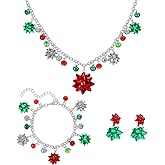 Silver Plated Jingle Bell Red Green Bow Flower Cute Christmas Ornament Dangle Drop Earrings Beaded Bracelets Pendant Necklaces for Women Stocking Stuffers Festival Jewelry Gifts for Daughter Xmas Set