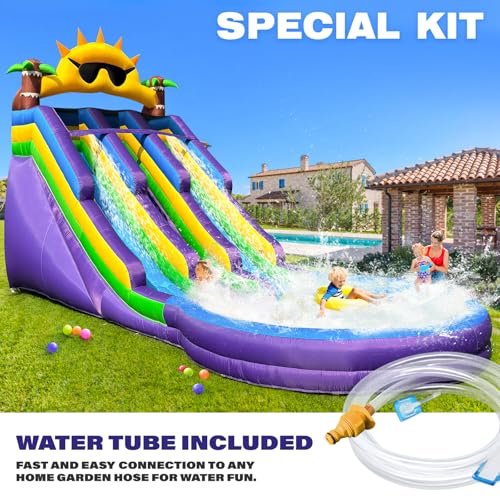 GOFAFALO Inflatable Grade Double Water Slide for Kids and Adults with Big Splash Pool, 20.6 * 9.45 * 11.3FT Backyard Party Oxford Water Slide with Air Blower-Purple