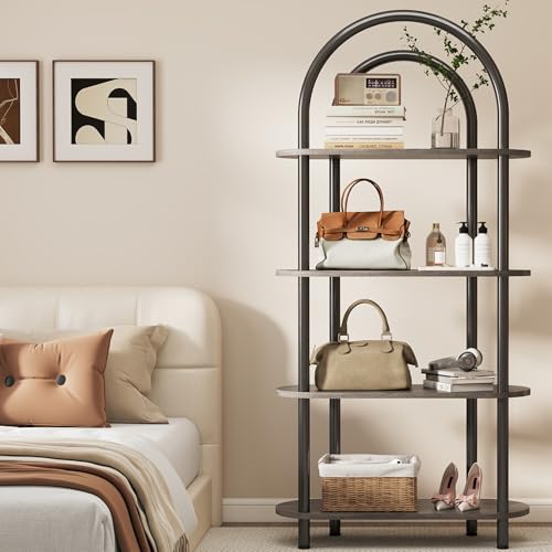 YOSHOOT 4 Tier Curved Bookcase with Metal Frame and Wooden Shelves 165cm High Ideal for Living Room Study Office 80 x 30 x 165 cm (Grey Oak)