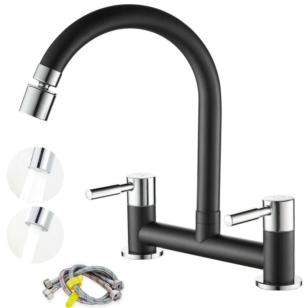 Maynosi Kitchen Sink Mixer Tap, Kitchen Bridge Mixer Tap, 2 Hole (180 mm Centers) Deck Mounted Faucet, Twin Levers Faucet with 2 Function Aerator, 1/4 Turn, 360° Swivel Spout, Brass, Matte Black — image 1