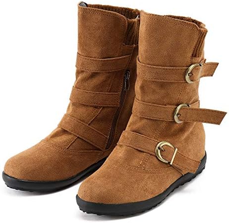 Celiy Women Knee High Suede Round Toe Zipper Flat Pure Color Buckle Strap Keep Warm Snow Boots