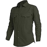 Dainargo Men's Tactical Military Shirt, Long Sleeve Button Down, Khaki, Dual Chest Pockets
