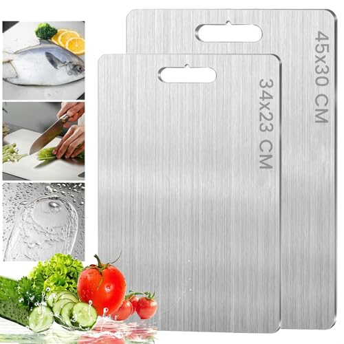 Tábua de Cortar em Aço Inoxidável 34 X 23 e 46 X 30 CM, Antibacteriana e Resistente À Deformação, Tábua de Cozinha Dupla Face, Adequada para Separar Carne e Vegetais
