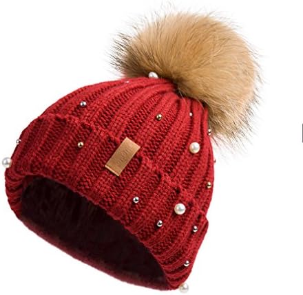 Pilipala Women Knit Winter Turn up Beanie Hat by with Pearl and Fur Pompom VC17605 Wine Gold Pompom