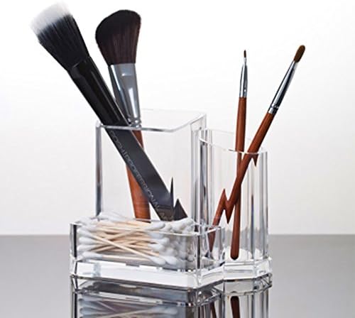 Xuzog Clear Acrylic Makeup Organizer, Makeup Brushes and Cosmetics, Lipstick, Pencil Pen, Business Card Case Holder, Desk Supplies Organizer, 3 Compartment Storage Display Holder