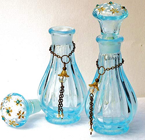 Cornflower Blue Glass Mini Perfume Bottle with Swarovski Crystal Rhinestones and Dangling Pearls
