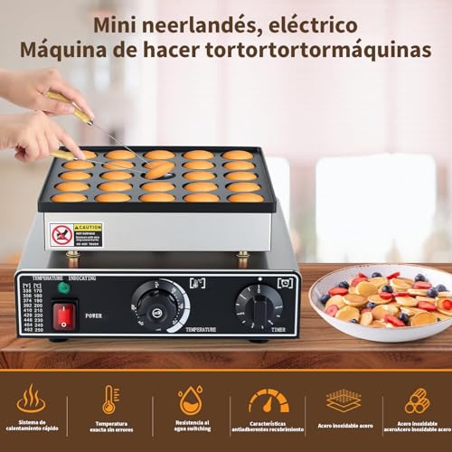 Maquina Industrial para 25 Mini Hot Cakes, Panqueques y Muffins, 900 Watts de Potencia, Perilla de Control de Temperatura y Temporizador