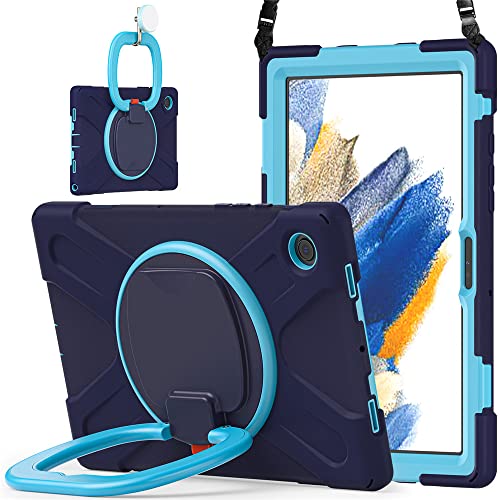 Photo 1 of 360 Rotation Case for Samsung Galaxy Tab A8 10.5" Sturdy Cover Rotate Ring Stand Shoulder Carrying Strap Hand Strap Rugged Children Adults Outdoor Case, Navy+Blue