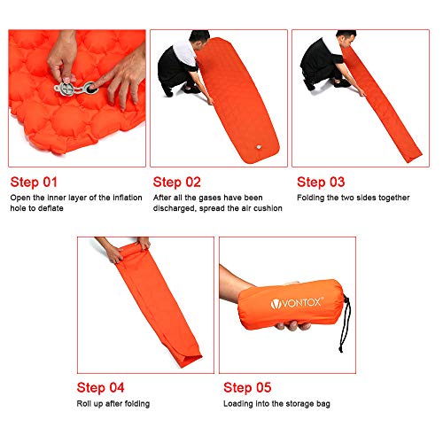 V VONTOX Sleeping Pad - Ultralight Inflatable Sleeping Mat, Best Self Serving Pad for Camping, Suitable for Camping, Backpacking, Hiking, Outing, Mountaineering - Carry Bag, Repair Kit -Orange Round - Thumbnail 6