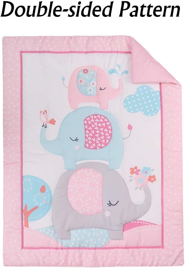 Pink Elephant Baby Crib Bedding Set 3 Pieces Baby Nursery Bedding Sets for Girls with Baby Comforter,Crib Fitted Sheet, Crib Skirt: Kitchen & Dining