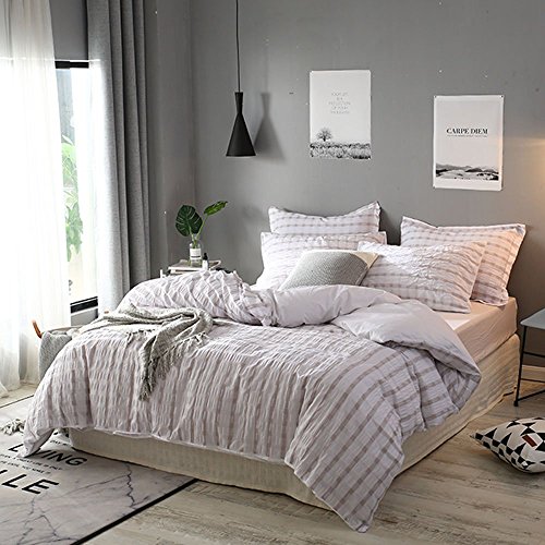 Lausonhouse Cotton Duvet Cover Set,100% Cotton Woven Seersucker Stripe Duvet Cover Set,3 Pieces Bedding Set - Queen - Linen - Thumbnail 2