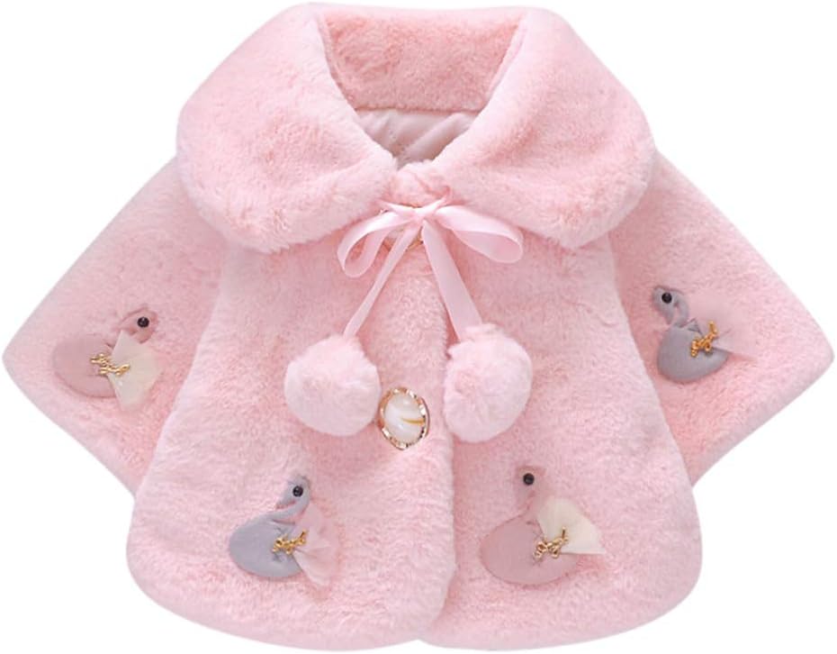 Infant Newborn Toddler Baby Girls Winter Swan Faux Fur Cape Pompom Windproof Coat Warm Cloak Jacket for 3M-2Y