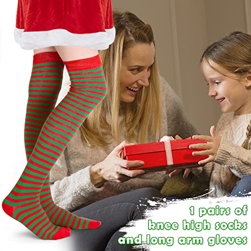 3 otters Christmas Knee High Socks, Red Green Striped Thigh High Stockings and Long Arm Gloves for Elves Party Chrismas Costume Show Cosplay Party