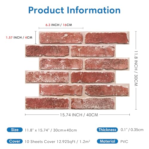 3D Self-Adhesive Brick Wall Panels, 10 Pieces, 30 x 40 cm, Self-Adhesive PVC 3D Decorative Brick Wall Panel for Living Room, Office, Kitchen, Waterproof