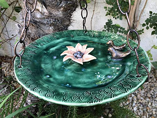 Large Hanging Bird Feeder or Bath with love birds and flower, handmade ceramic garden art