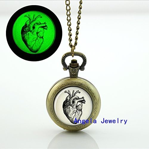 Pretty Lee Fashion Anatomical Heart Glowing Pocket Watch Necklace Anatomical Heart Jewelry Glow in The Dark