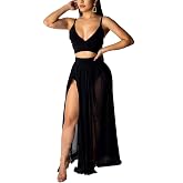 EOSIEDUR Women's Chiffon Bohemian Floral Printed 2 Piece Sets Crop Cami Top &amp; Split Beach Party Maxi Dress