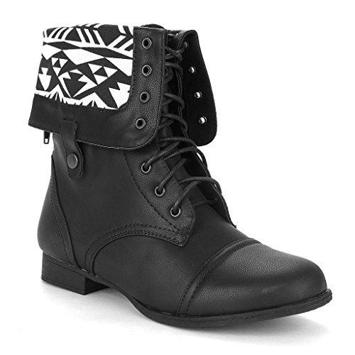 Twisted Women's Trooper Wide Calf Aztec Print Fold Over Military Boot - BLACK, Size 8