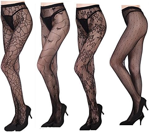 4 Pairs Women's High Elasticity Hollow Out Fishnet Pantyhose Tights (4 Pairs Patterned Pantyhose) OSFM