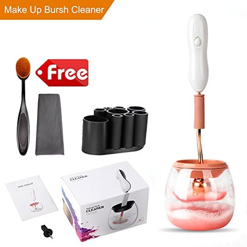 Makeup Brush Cleaner Kit and 30 seconds Clean Machine Dry in 360 Rotation with 8 Rubber Collars for All Makeup Brushes Thorough Cleaning (Pink&White)