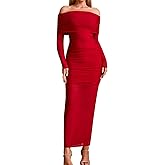 GLNEGE Women's Fall Wedding Guest Dresses Off The Shoulder Long Sleeve Slit Formal Cocktail Bodycon Ruched Dress 2025