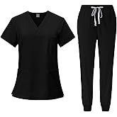 Women Scrubs Sets Stretch Tops with Pockets & Cargo Pants Jogger Nurse Work Uniform Quick Drying