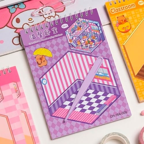 Caderno De Adesivo 3D Capivara Divertida com 6 Cenários DIY e Pinça Para Montar e Decorar 13x18cm Livro Espiral Interativo Para Adulto Criança Brincar Presente infantil Criativo Sticker Book (AMARELO)
